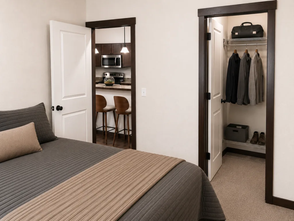 A bedroom with a neatly made bed, a closet with clothes and shoes, and a view into a modern kitchen area.