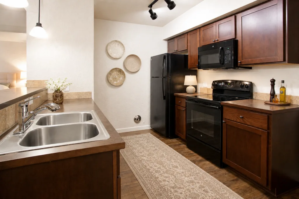 Modern kitchen with dark wood cabinets, black appliances, a double sink, and a patterned rug on wooden flooring.
