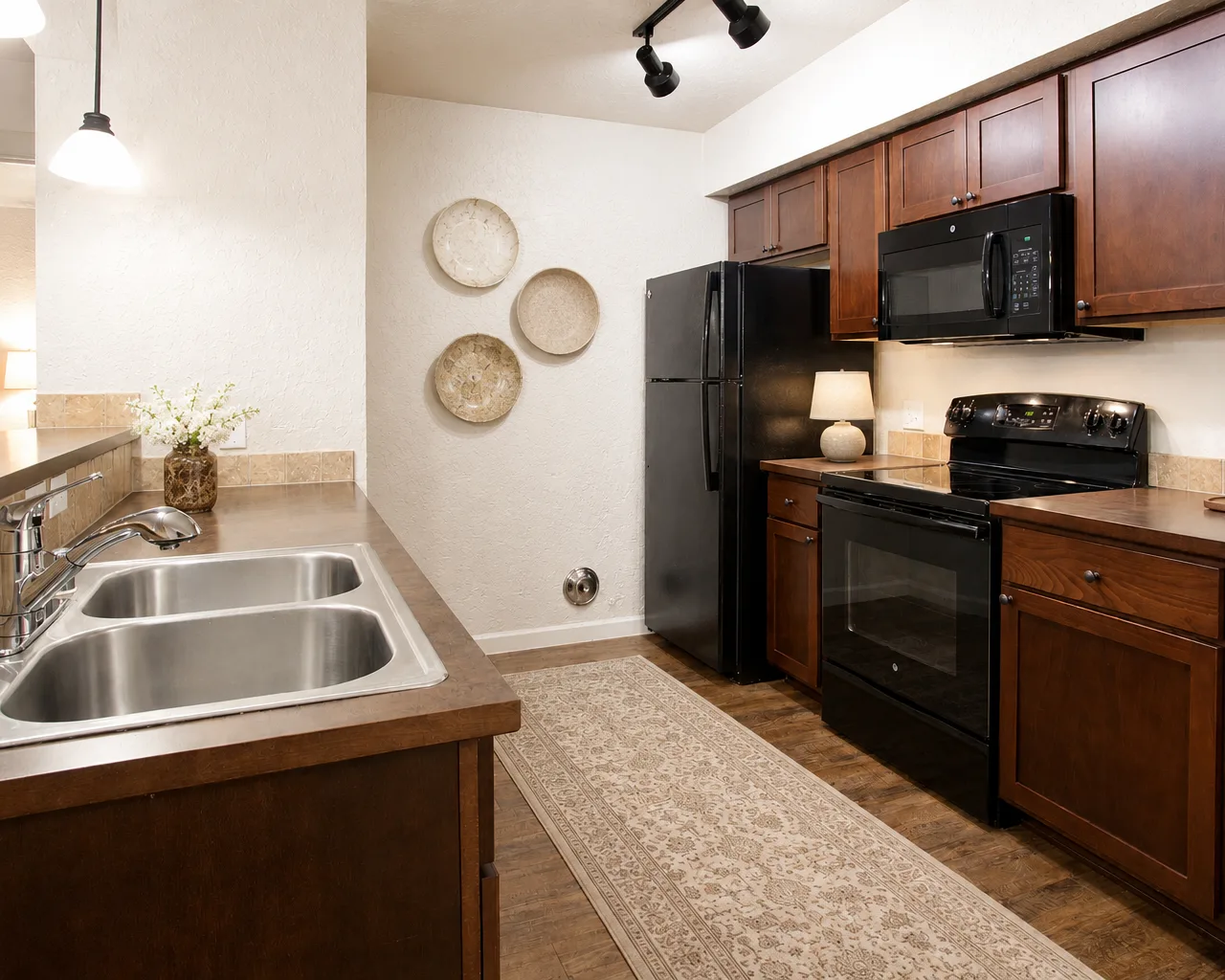 Modern kitchen with dark wood cabinets, black appliances, a double sink, and decorative plates on the wall.