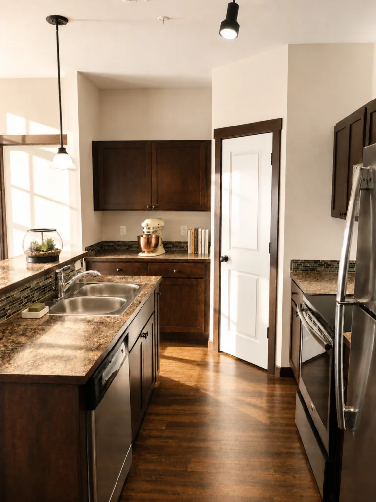 A sunlit kitchen with dark wood cabinets, stainless steel appliances, a double sink, and a central island with a granite countertop.