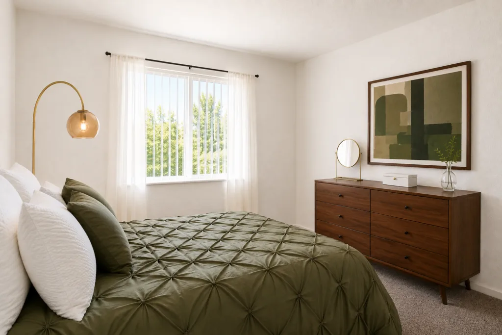 A bedroom with a green quilted bed, wooden dresser, abstract art, small mirror, lamp, and a window with sheer curtains.