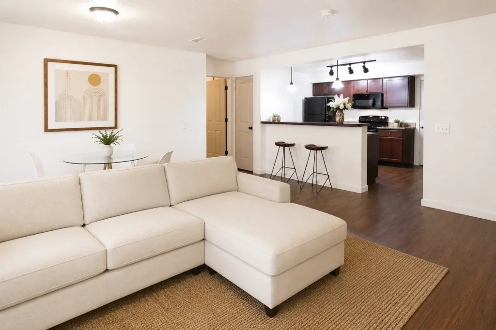 A modern living room with a beige sectional sofa, a glass-top dining table, and a view into a kitchen with dark cabinets.