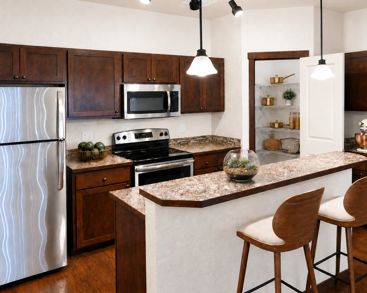 Modern kitchen with wooden cabinets, stainless steel appliances, a marble-topped island, and two wooden chairs at the counter.